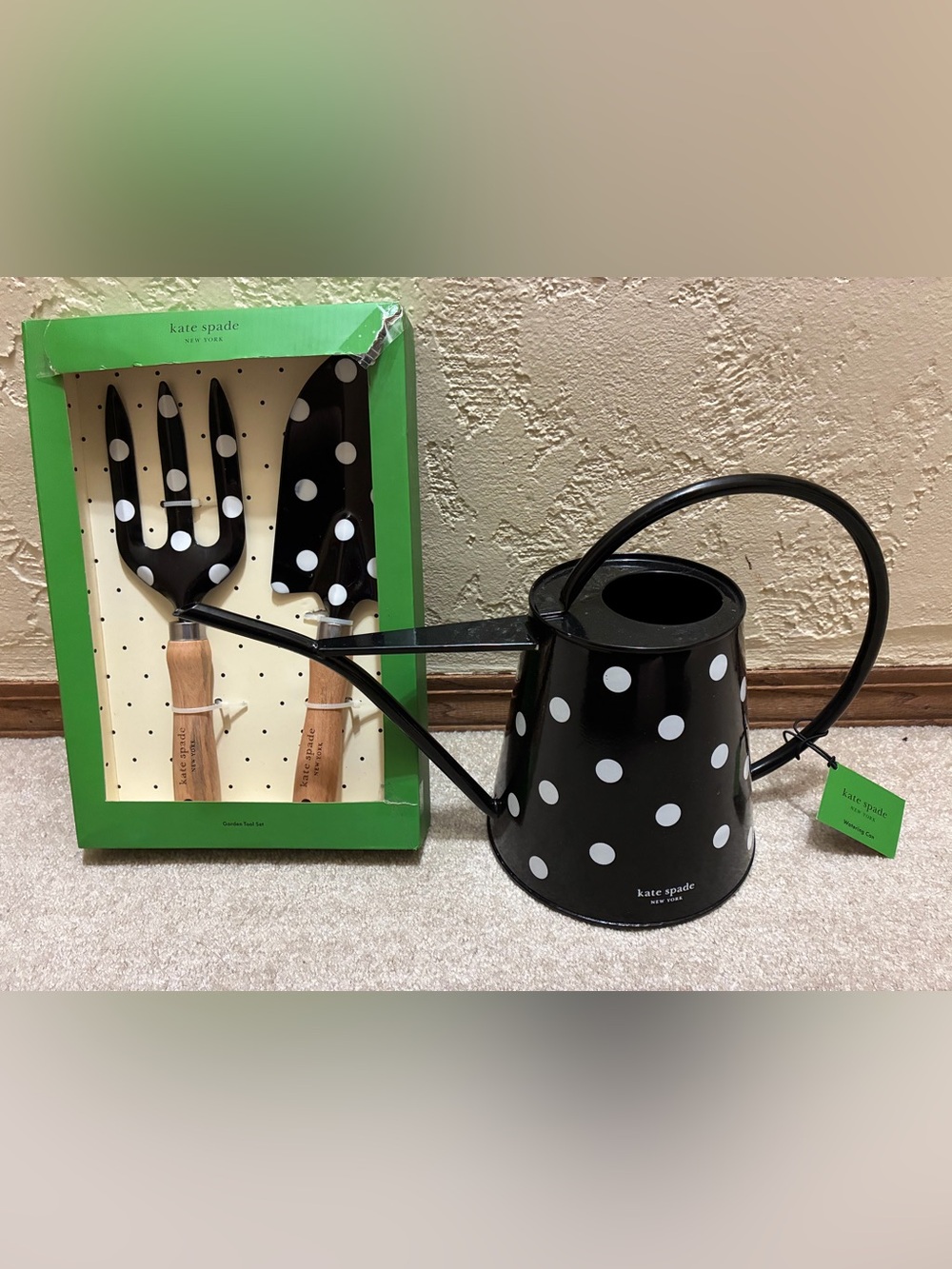 kate spade Black and White Polka Dot Watering Can and Gardening tool set